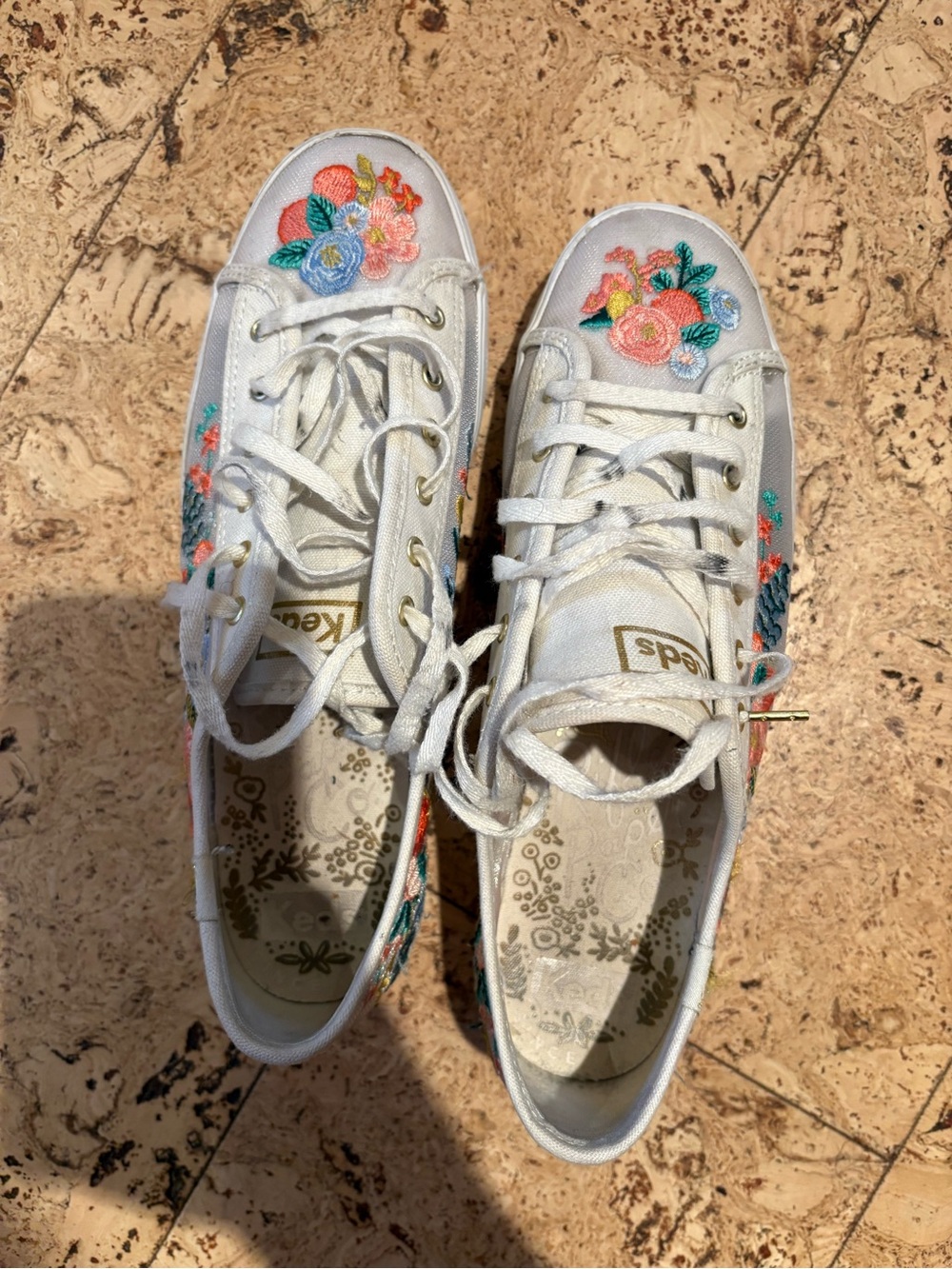 Keds White Canvas Sneakers with Multicolor Floral Embroidery